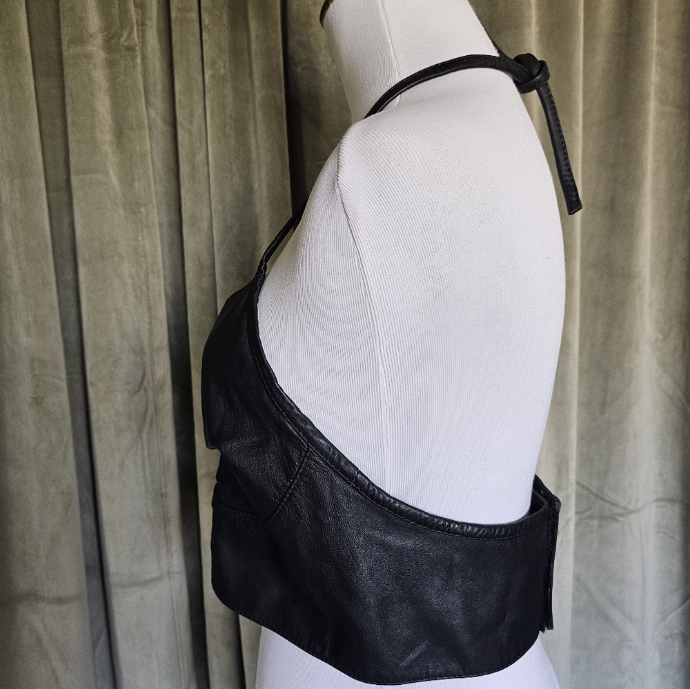 VTG Western Motoboho Yallternative Biker Black Leather Tie Cropped Halter Top - Picture 10 of 11